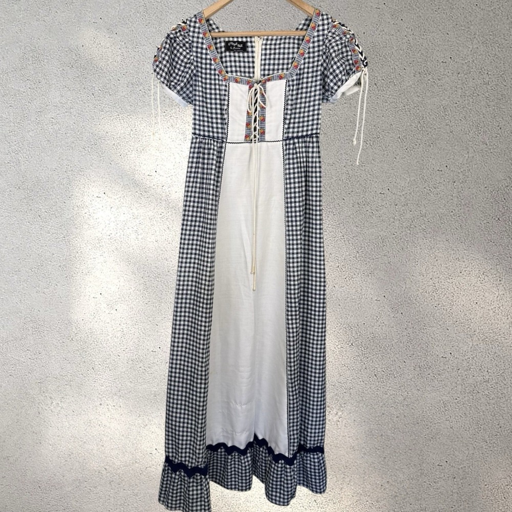 Gunne Sax 70s Vintage Blue‎ Gingham Prairie Milkmaid Maxi Dress Embroidered 13